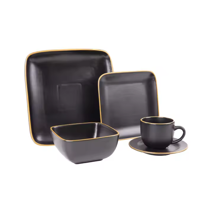 Cofan Vajilla negra de cerámica cuadrada | Juego de 20 piezas | Vajilla negra con borde vintage | Apta para lavavajillas, microondas y horno | Especial para fiestas, cumpleaños, eventos en general | Elegancia Vintage y Resistencia - 1