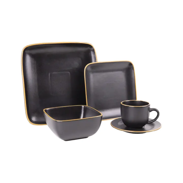 Cofan Vajilla negra de cerámica cuadrada | Juego de 20 piezas | Vajilla negra con borde vintage | Apta para lavavajillas, microondas y horno | Especial para fiestas, cumpleaños, eventos en general | Elegancia Vintage y Resistencia - 1