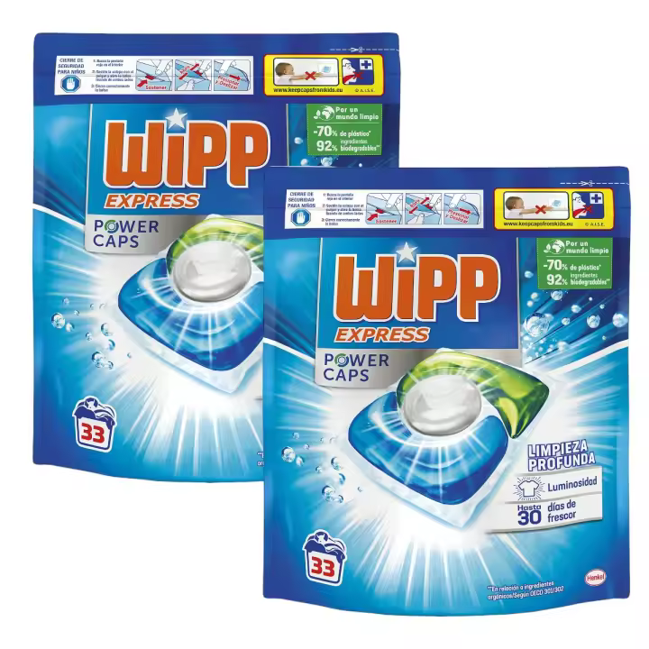 Wipp Express Power Caps Pack de 2 bolsas de Detergente en Cápsulas para Lavadora 33 Dosis Limpieza Profunda, Eficaz en Agua Fría (66 cápsulas en total) - 1