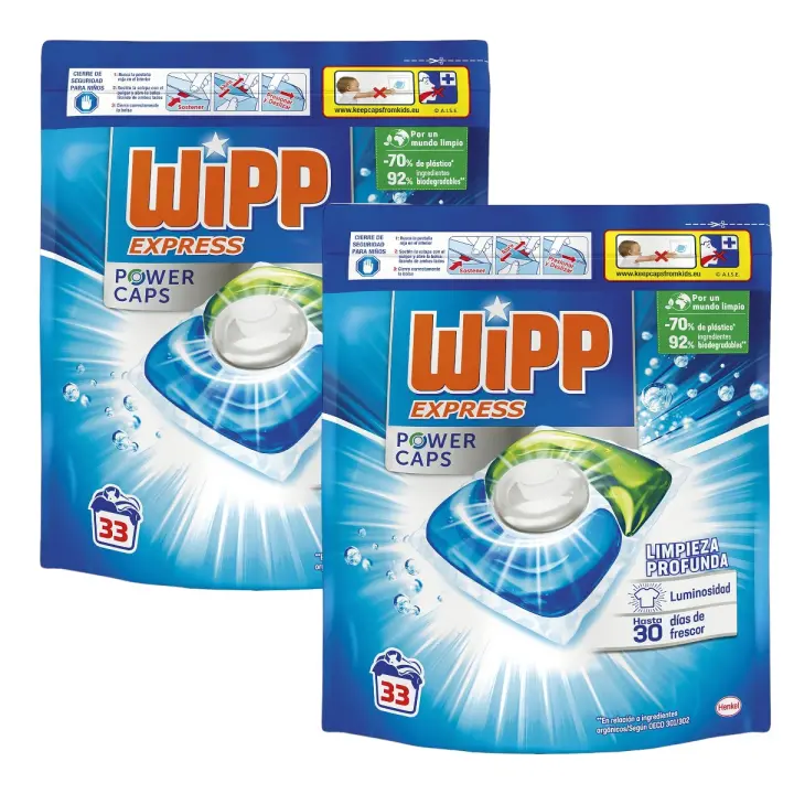 Wipp Express Power Caps Pack de 2 bolsas de Detergente en Cápsulas para Lavadora 33 Dosis Limpieza Profunda, Eficaz en Agua Fría (66 cápsulas en total) - 1