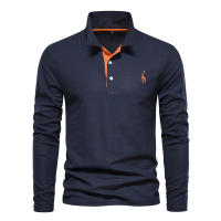 Camisa Polo Para Hombre AIOPESON 2023 Con Bordado De Ciervo Manga Larga Color Sólido Estilo Casual Business Anti-Shrink - details 1