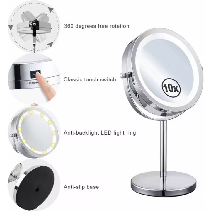 Espejo de aumento iluminado con rotación de 360°, espejo de maquillaje, espejo de aumento 10x, espejo de maquillaje iluminado, espejo cosmético giratorio de doble cara con soporte, espejo de peluquería - 1