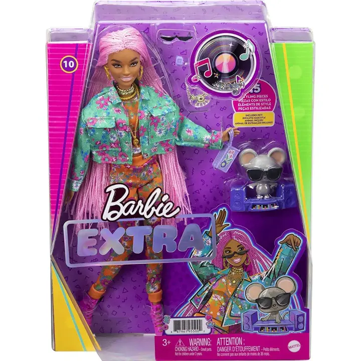 Barbie Extra Muñeca articulada con trenzas rosas y ropa de flores, accesorios de moda y mascota Mattel GXF09 - 1