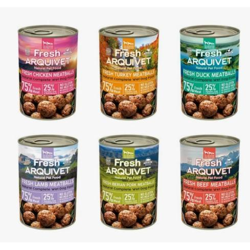 Arquivet pack de 6 latas de albóndigas para perros de varios sabores 400gr. Albóndigas de 6 sabores: Pollo, Pavo, Pato, Cordero, cerdo ibérico y terneramuy sabrosas y digestibles
