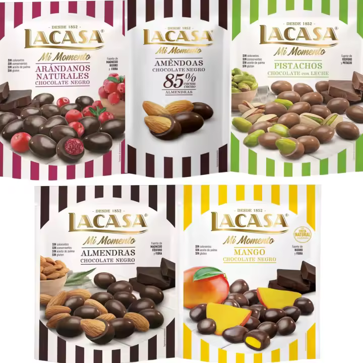 Lacasa Mi Momento pack de 5:Almendra 85% 65G,Arándano choco Negro 125G,Almendra choco Negro 125G,Pistacho Leche 100G,Mango choco Negro 115G - 1