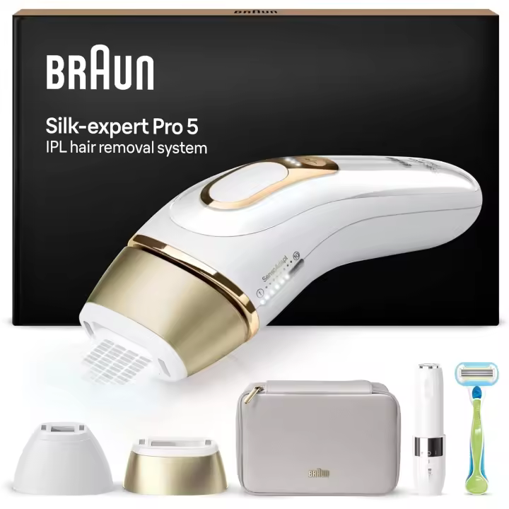 Braun Silk expert Pro 5 PL5052 Depiladora de Luz Pulsada (IPL) Unisex, Depilación Permanente del Vello Visible en casa, incluye 1 Cabezal Estándar, Maquinilla de Depilación de Venus, Funda Blanda  y Recoratadora Facial FS1000 - 1