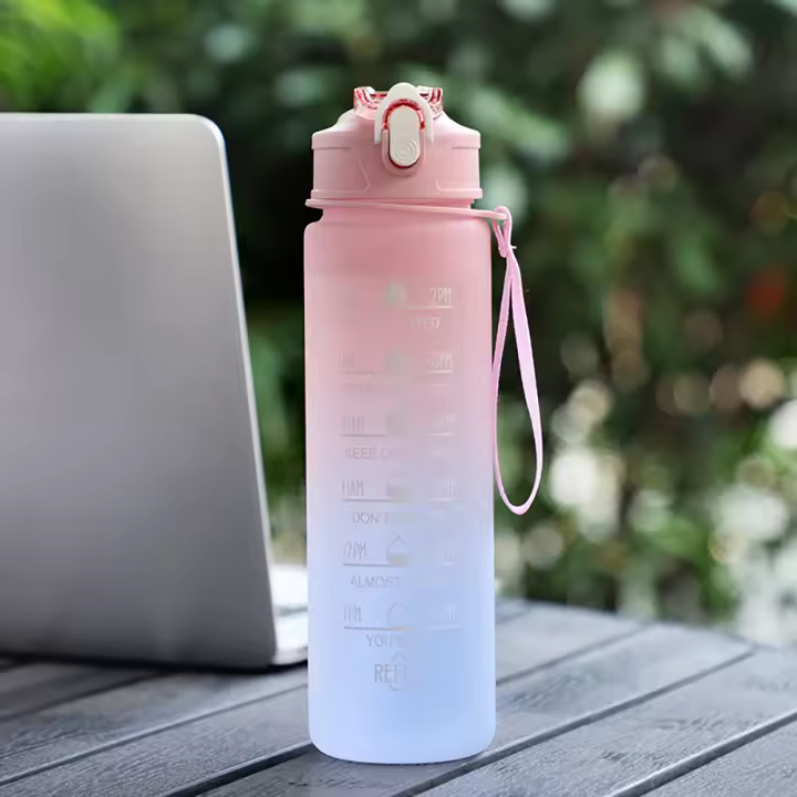 Botella De Deporte De Agua Con Pajita Y Tapa Pop-Up Gradiente De 900ML Botella De Agua Portátil Para Exteriores Con Mango Y Marcador De Capacidad - 1