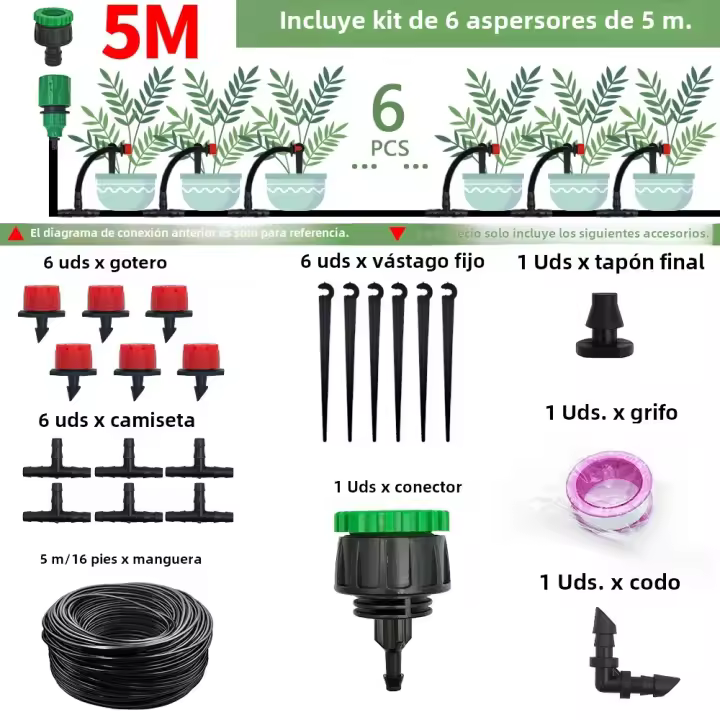 Kit De Riego Por Drip Para Jardín 5-50M Sistema Automático De Riego Para Plantas Bonsái Maceta Césped Flores Verduras Invernadero Con Boquillas 1/4'' - 1