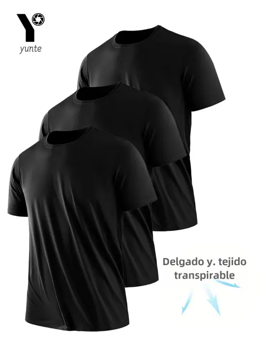 Camiseta De Hombre Ultra-Ligera Negra Con Cuello Redondo 3 Piezas Secado Rápido Transpirable Absorbedor De Sudor Para Gimnasio Y Fitness - 1