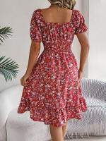 Vestido Elegante De Primavera Y Verano Para Mujer Con Estampado Floral Cuello Cuadrado Manga Corta Volante Al Borde Vestido A-Line De Rodilla Casual - details 31