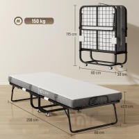 HOMCOM Cama Plegable 200x80 cm con 4 Ruedas, Cama de Camping Portátil, con Colchón Individual de 10 cm, Marco de Acero, Carga 150 kg, para Dormitorio, Salón, Oficina, Blanco - details 2