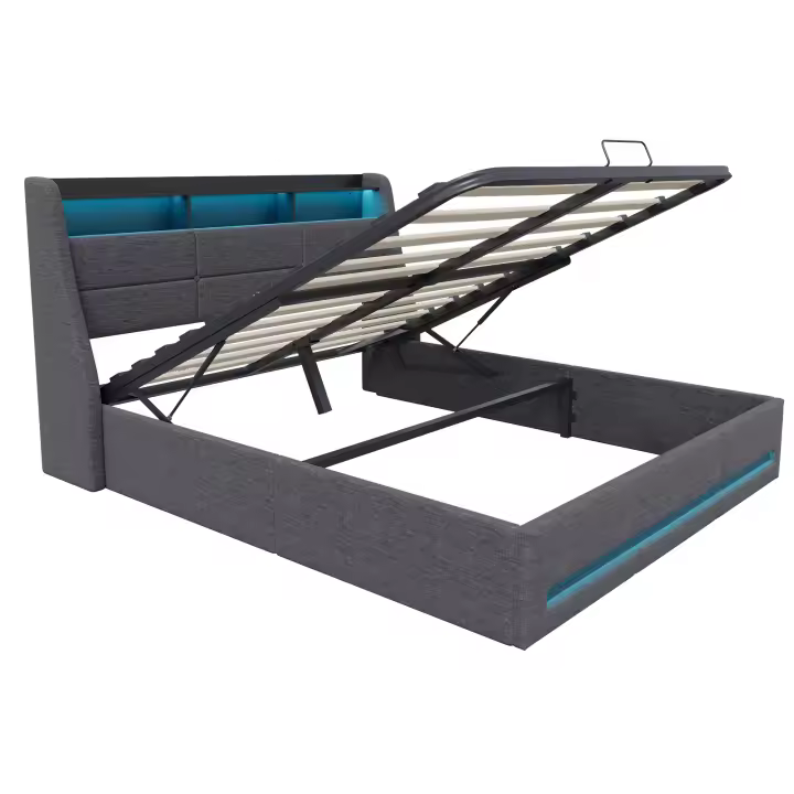 Cama baúl con somier, puertos USB Type-C y luz LED, tapizada en lino gris, 140x200 cm - 1