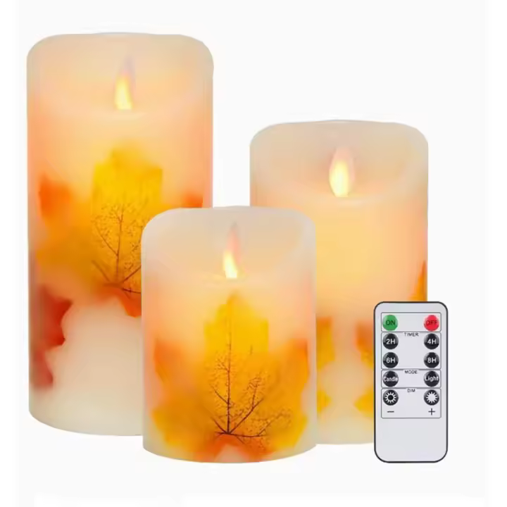 Velas LED de hoja de Arce, Juego de 3, Velas Blancias Cálidos sin llama, funcionian con Pilas con mecha parpádeante, remote control Y temporizador para decoración, de Boda Vela (hoja de Arce) - 1
