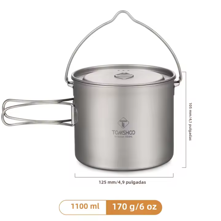 TOMSHOO Sartén De Camping De Titanio Ultraligera Con Tapa Y Mango Plegable Para Cocina Al Aire Libre Tamaños 0.75L/0.9L/1.1L/1.6L/2L/2.8L - 1