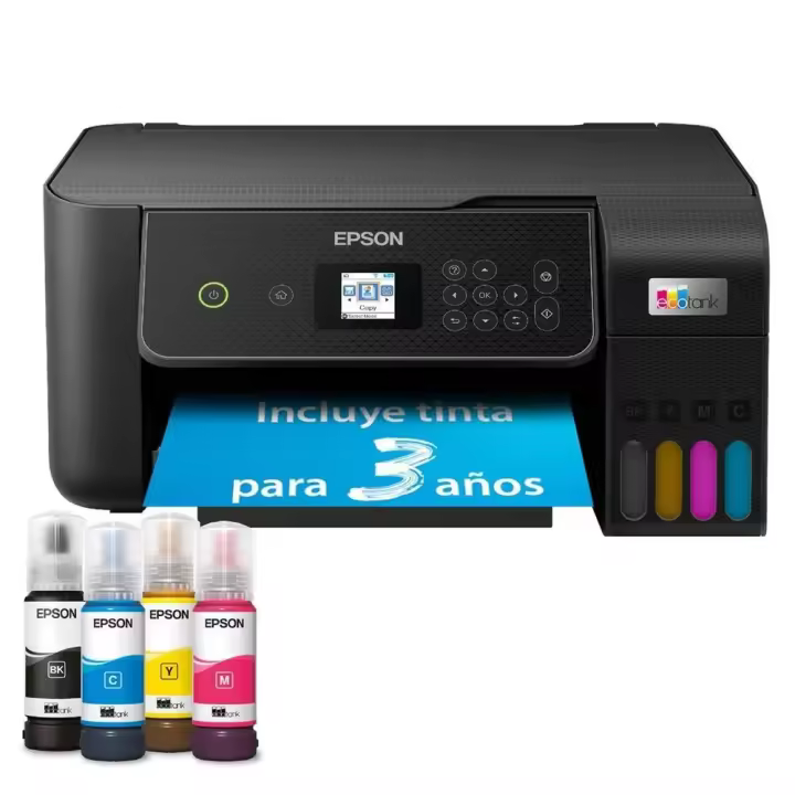 Epson - Impresora multifunción EcoTank ET-2870 con sistema de tanques rellenables, impresión A4 sin bordes, resolución 5760 x 1440 DPI y conectividad Wi-Fi para hogar y pequeñas oficinas - 1