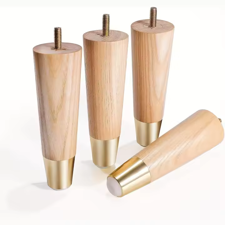 Juego De 4 Piezas De Pies De Madera Para Muebles Con Tapones Dorados Estilo Mid-century Para Sofás Sillas Mesas Armarios Camas Armarios - 1