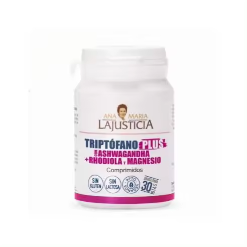 ANA MARIA LAJUSTICIA Triptófano Plus con Ashwagandha, Rhodiola y Magnesio 60 Comprimidos para estrés y sueño, todo natural. - 1