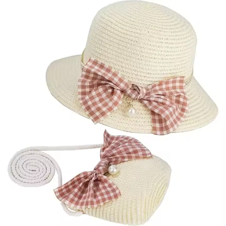 Sombrero de Paja Niña Gorra de Sol Chica y Bolsillo Set con Decoracion de Inclinarse Gorro de Playa Niña Transpirable para Viaje Beach Pool - 1