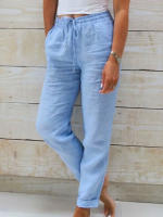 Pantalones De Verano De Algodón Y Lino Para Mujer Cintura Alta Elástica Casual Transpirables Pantalones De Pato Sueltos De Moda Para Calle - details 1