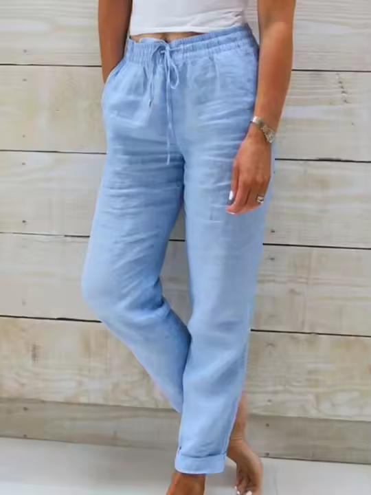 Pantalones De Verano De Algodón Y Lino Para Mujer Cintura Alta Elástica Casual Transpirables Pantalones De Pato Sueltos De Moda Para Calle - 1