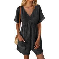 Monos De Verano Casuales Para Mujer Con Hombros Descubiertos Y Mangas Cortas Ruched Estilo Romper De Piernas Largas Con Bolsillos De Poliéster - details 6