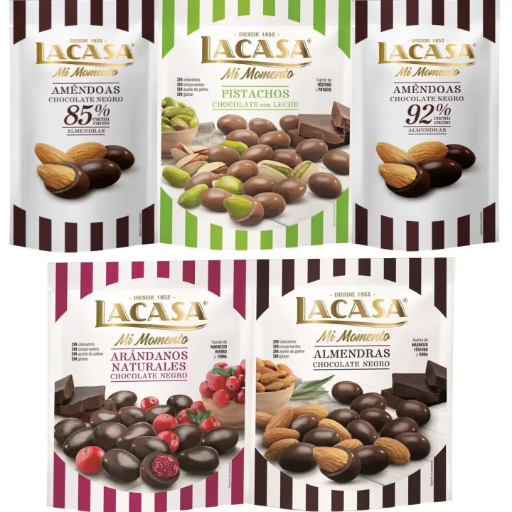 Lacasa Mi Momento pack de 5:Almendra 92% ,Almendra 85% ,Arándano Chocolate Negro ,Almendra Chocolate Negro ,Pistacho Chocolate Leche - 1