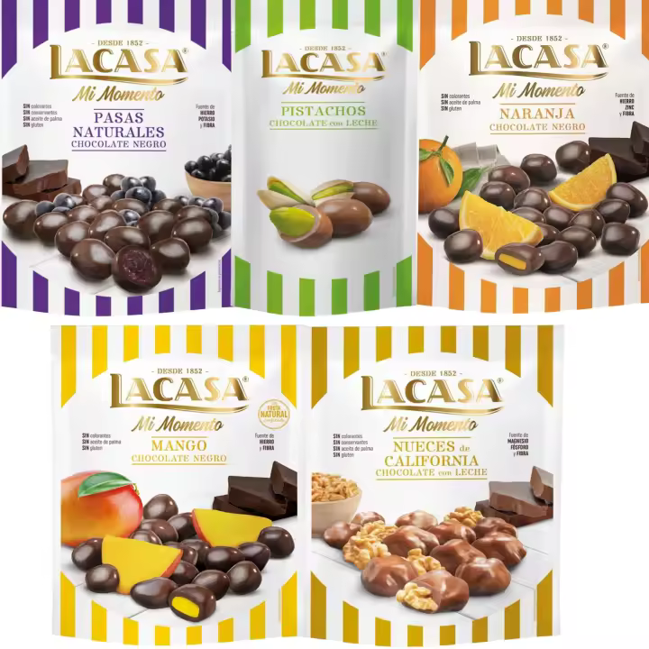 Lacasa Mi Momento pack de 5:Pistacho Leche 50G,Nueces Leche 115G,Pasas choco Negro 150G,Naranja choco Negro 125G,Mango choco Negro 115G - 1