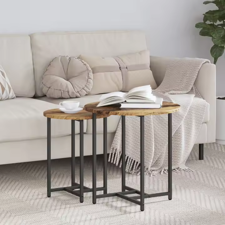Mesa auxiliar de 2 piezas de madera antigua, madera de ingeniería y metal - 1