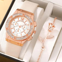 Reloj De Cuarzo Para Mujer 2PCS Set Rosa Lujo Con Rhinestone Y Pulsera De Cristal Reloj De Mano De Moda Y Casual Con Cierre De Hebilla - details 5