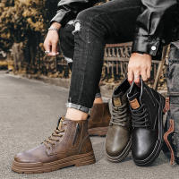 Botas De Cuero Casual Para Hombre Invierno Botas De Trabajo Antideslizantes Alta Top Ankle Biker Zapatos Negros De Diseñador Botines De Tacón Plano Redondos - details 1