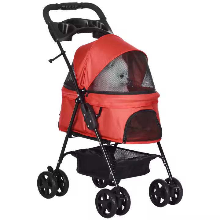 PawHut Cochecito para Mascotas Plegable Carrito para Perros Desmontable Acero Tela Oxford Ruedas Giratorias Frenos Ventana para Perros Gatos Pequeñitos 67x45x96 cm - 1