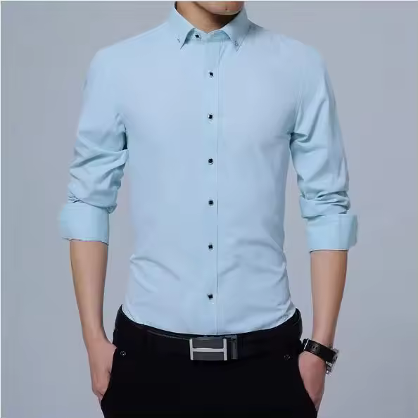 Camisa De Manga Larga Para Hombres Estilo Coreano Negocios Slim Fit Color Sólido Algodón Delgado Para Primavera Otoño - 1