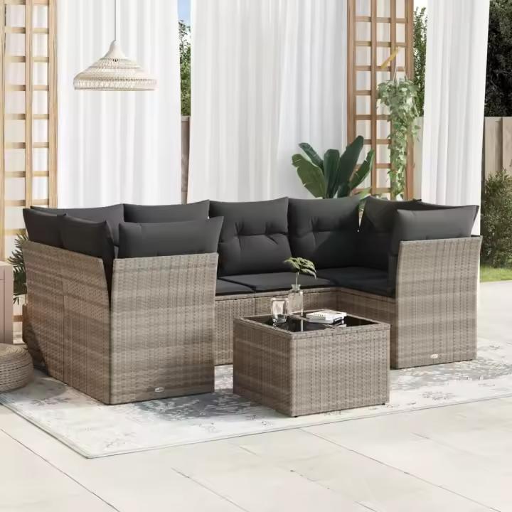 vidaXL Set de sofás de jardín 7 pzas con cojines ratán PE gris claro - 1