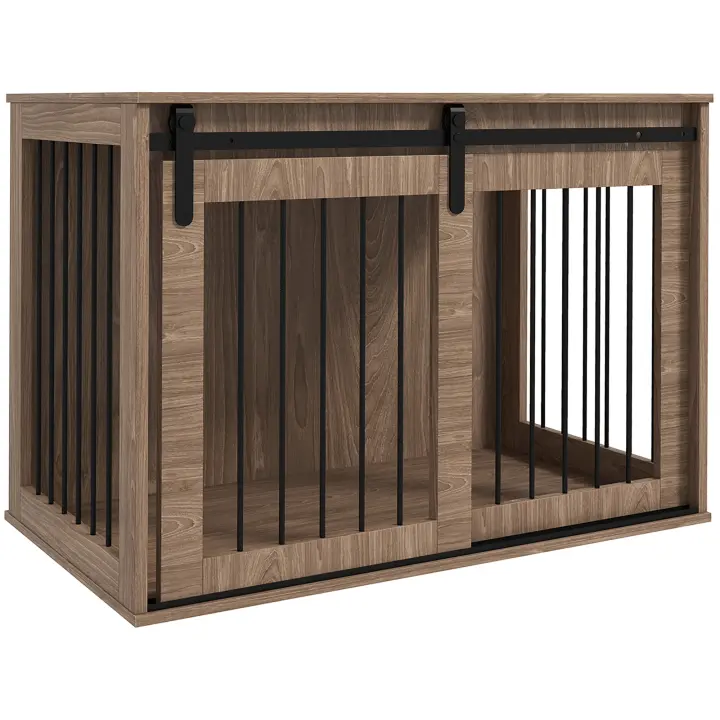 PawHut Jaula para Perros con Puerta Corredera, Caseta Interior para Perros con Aspecto de Madera, Cerradura, Caseta para Perros Grandes de hasta 30 kg, 98 x 58 x 61 cm, Nogal - 1