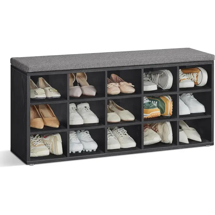 VASAGLE Banco Recibidor con 15 Compartimentos y Asiento Acolchado, EstanterÍa Almacenaje, Capacidad hasta 200 kg, Blanco Nube y Gris Paloma/Marrón Rústico y Marrón/Roble con Vetas Azul y Gris/Negro Ébano y Gris Pizarra/Beige Capuchino/Marrón Camello - 1