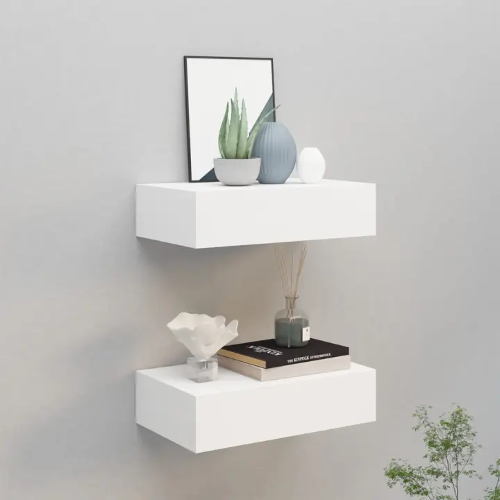 Estantes de pared con cajón 2 uds MDF blanco 40x23,5x10 cm - 1