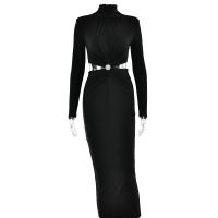 Vestido Largo Elegante Para Mujer Con Cuello Alto Y Manga Larga Efecto De Hollow out Adecuado Para Club Fiesta Noche Otoño Invierno Slim Fit Polyester - details 15