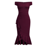 Vestido Elegante Para Mujer De Encaje Con Volante Y Cintura Ajustada Vestido De Fiesta Con Hombros Descubiertos Y Abertura En La Pierna Vestido Clásico De Cintura Alta Y Acolchado - details 14