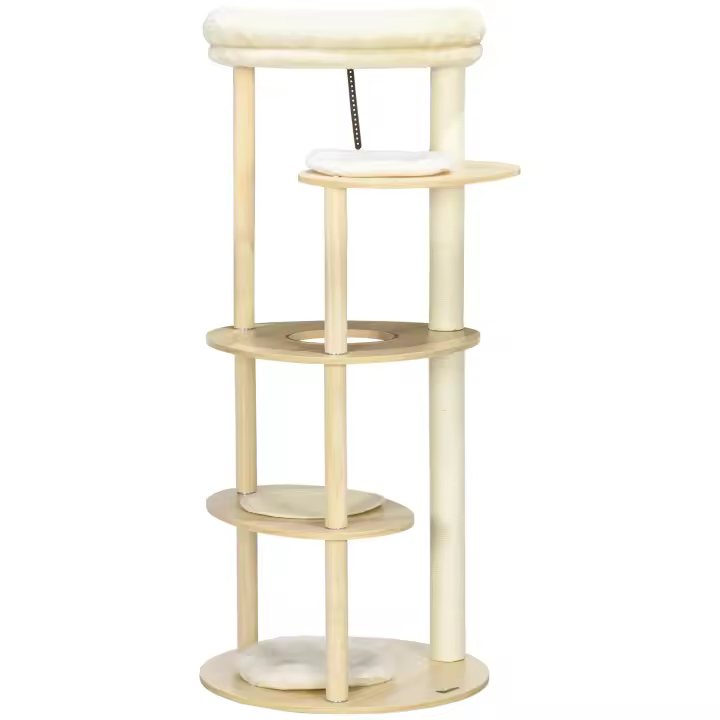 PawHut Rascador para gatos con postes de sisal y plataforma acolchada extraíble, 48,7" de alto, felpa y madera, color beige - 1