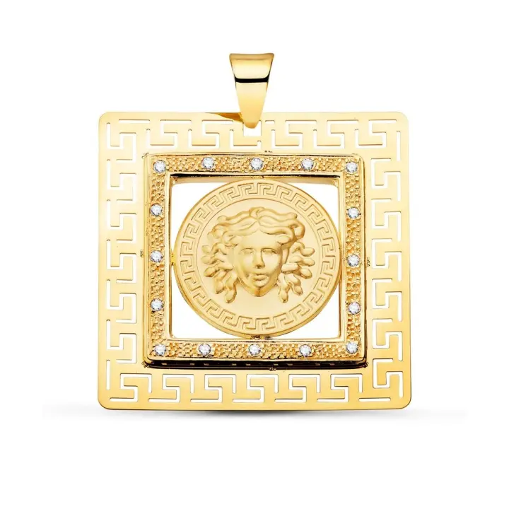 Inmaculada Romero Colgante Oro 18k Hombre Cuadrado Greca Medusa Circonitas 37mm - 1