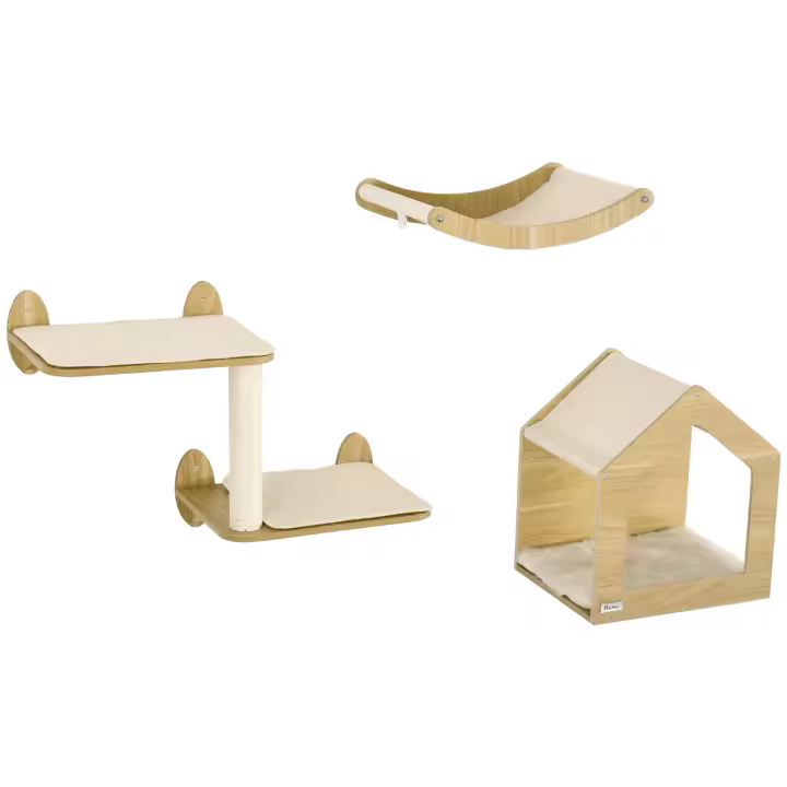 PawHut Estantes para Gatos de Pared 3 Piezas Juego de Estantes Escalada para Gatos con Caseta Hamaca Plataformas y Poste de Sisal Roble - 1
