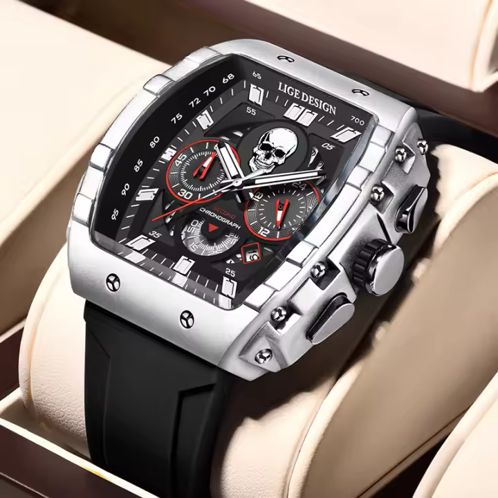 Reloj De Pulsera Militar LIGE Para Hombres Con Dial Grande Y Esqueleto De Cráneo Cronógrafo De Silicona Resistente Al Agua Y Luminoso - 1