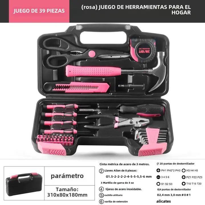Kit De Herramientas Domésticas 39Pcs Con Estuche De Almacenamiento Rosa Durable Conjunto De Herramientas Manuales Multipropósito Herramienta De Martillo Y Destornillador - 1