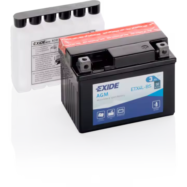 Batería Exide ETX4L-BS Moto 12V Agm. Tecnología AGM. 12V - 3Ah/50A (EN) (115x70x85mm) - 1