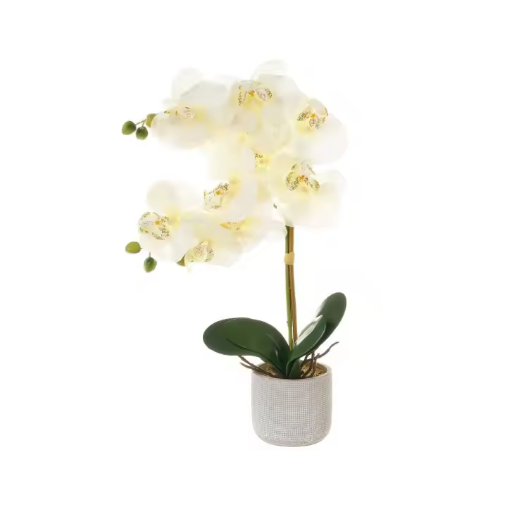 Dcasa Planta artificial orquídea de tela blanca en maceta de cemento de 31x11x50 cm - 1