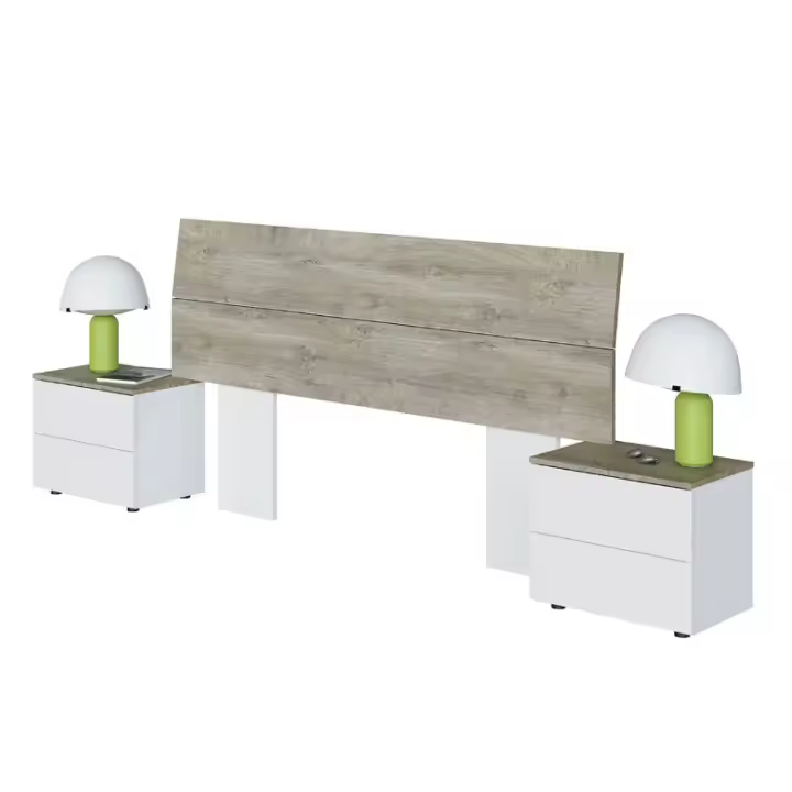 Meimon NEW DREAMS Conjunto de cabecero para cama de 135/150 cm y 2 mesitas con 2 cajones cada una, acabado en Roble Alaska y Blanco Artik, guías metálicas extraíbles, herrajes de fijación incluidos, estructura en melamina E1 y patas ABS ocultas - 1