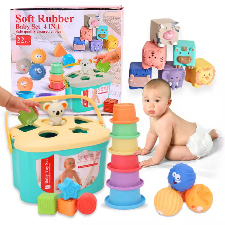 Babybaipro - Set de Juguetes Montessori Bebé 4 en 1 - 22 Piezas Sensoriales Educativas - Bloques Blandos, Clasificador de Formas, Torre Apilable - Regalo Nacimiento Cumpleaños  6-12 Meses, 1 Año, Niño Niña, No Tóxico - 1