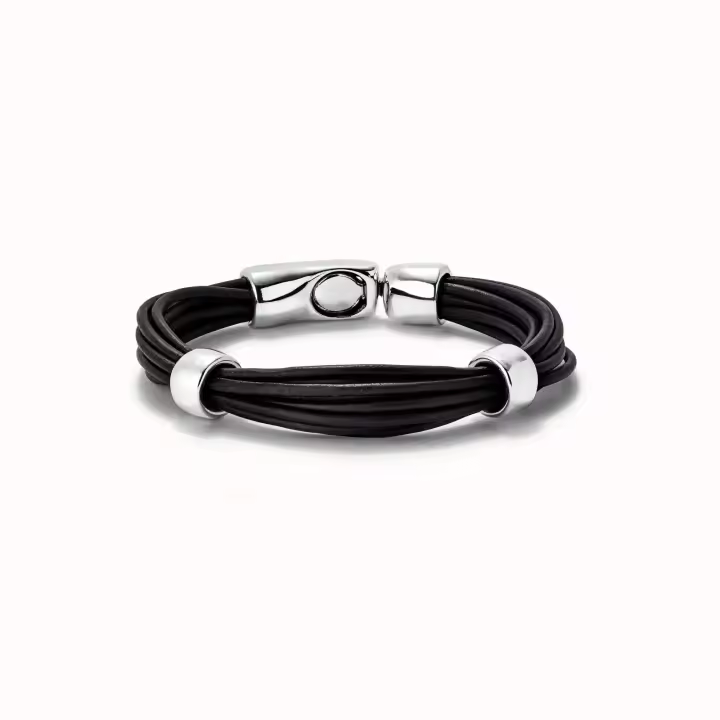 Pulsera UNODE50 cuero con 2 circunferencias bañadas en plata de ley PUL2458MARMTL0 - 1