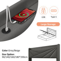 Cama tapizada Cama Doble Almacenamiento Caja de almacenamiento with Carga USB type C Cabecero, Cama de almacenamiento Marco de Cama de Lino Cama Juvenil 160x200 con somier (colchón no incluido) - details 3