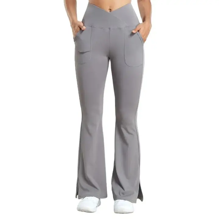 Pantalones De Yoga Para Mujer Con Bolsillos Y Cinturón Crossover Tallas Verdaderas Levantamiento De Glúteos Leggings Deportivos Con Abertura En El Pié Activewear - 1